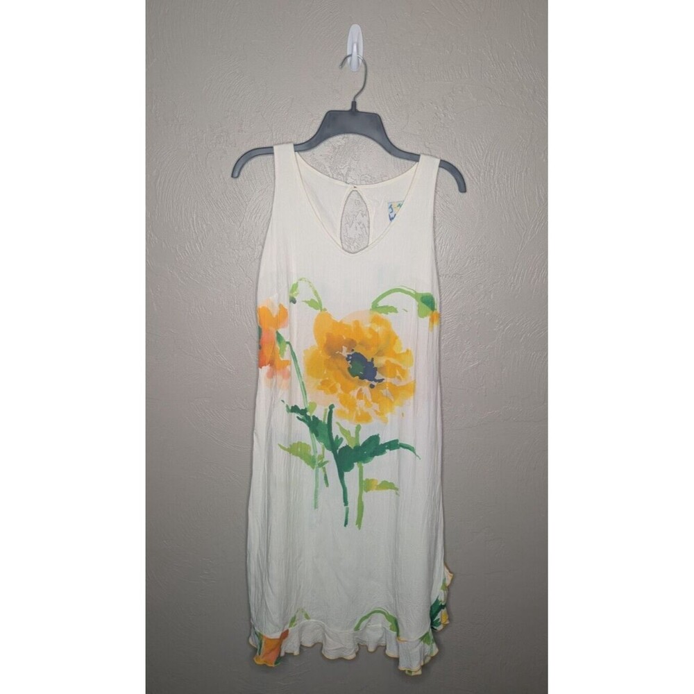 Jams World Womens Small Off White Floral Rayon Crinkle Sleeveless Sun Dress